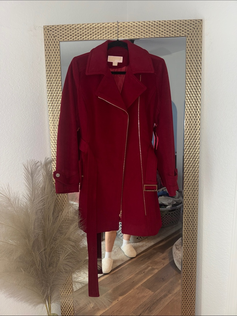 Michael Kors Women's Deep Red Trench Coat with Belt